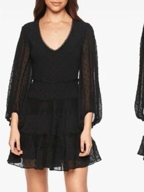 Bardot Black Swiss Dot Lace Tiered‎ Mini Dress Long Sleeve V-Neck Size 10 L